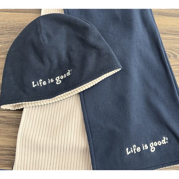 Life is Good Corduroy Fleece Reversible Beanie Tan Blue Hat & Scarf Set Unisex - Picture 1 of 2